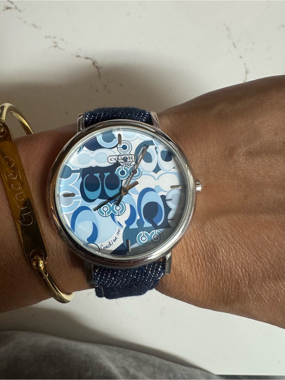 Coach Women's Blue Pattern Coach Signature Pattern Dial Denim Strap Watch